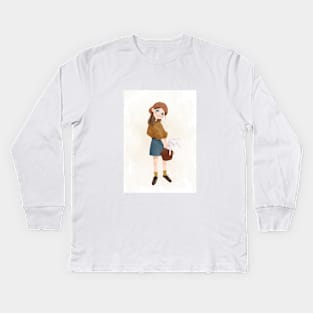 Girl with rabbit in bag Kids Long Sleeve T-Shirt